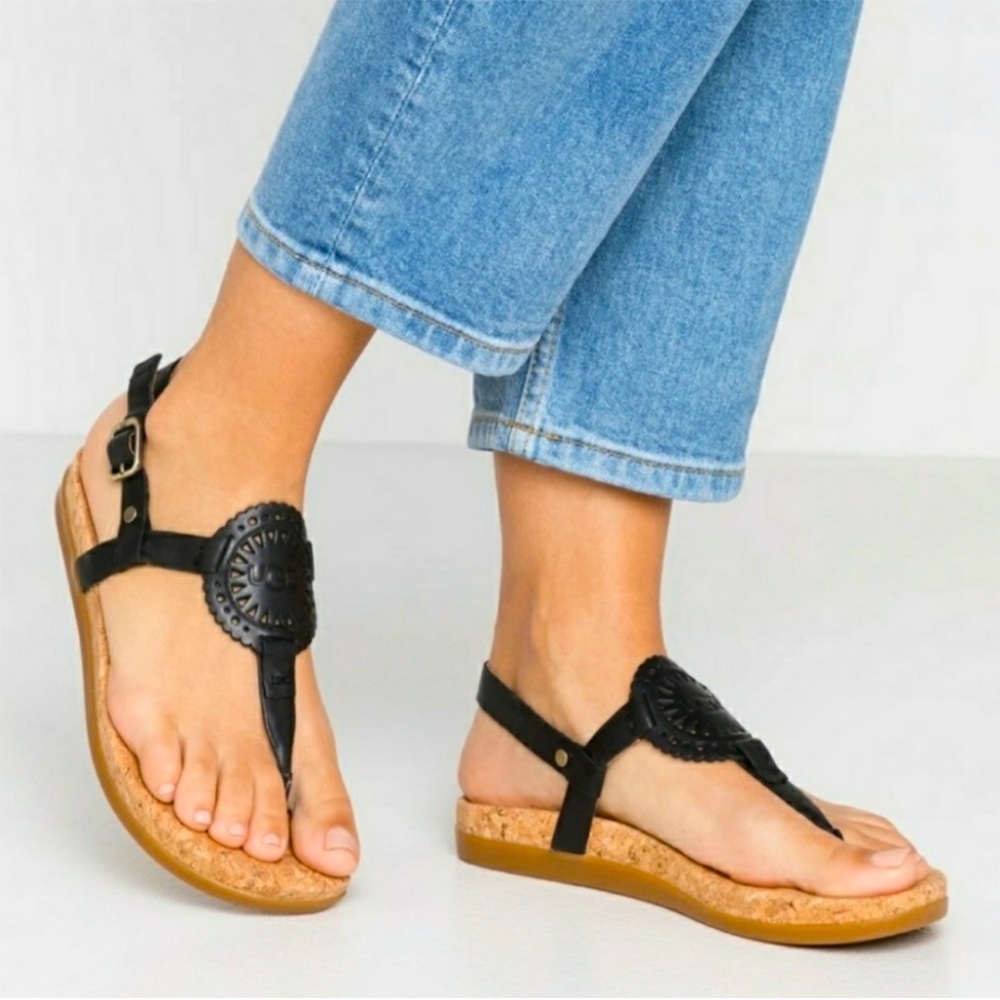 UGG Black Ayden ll Leather Thong Cork Sandals